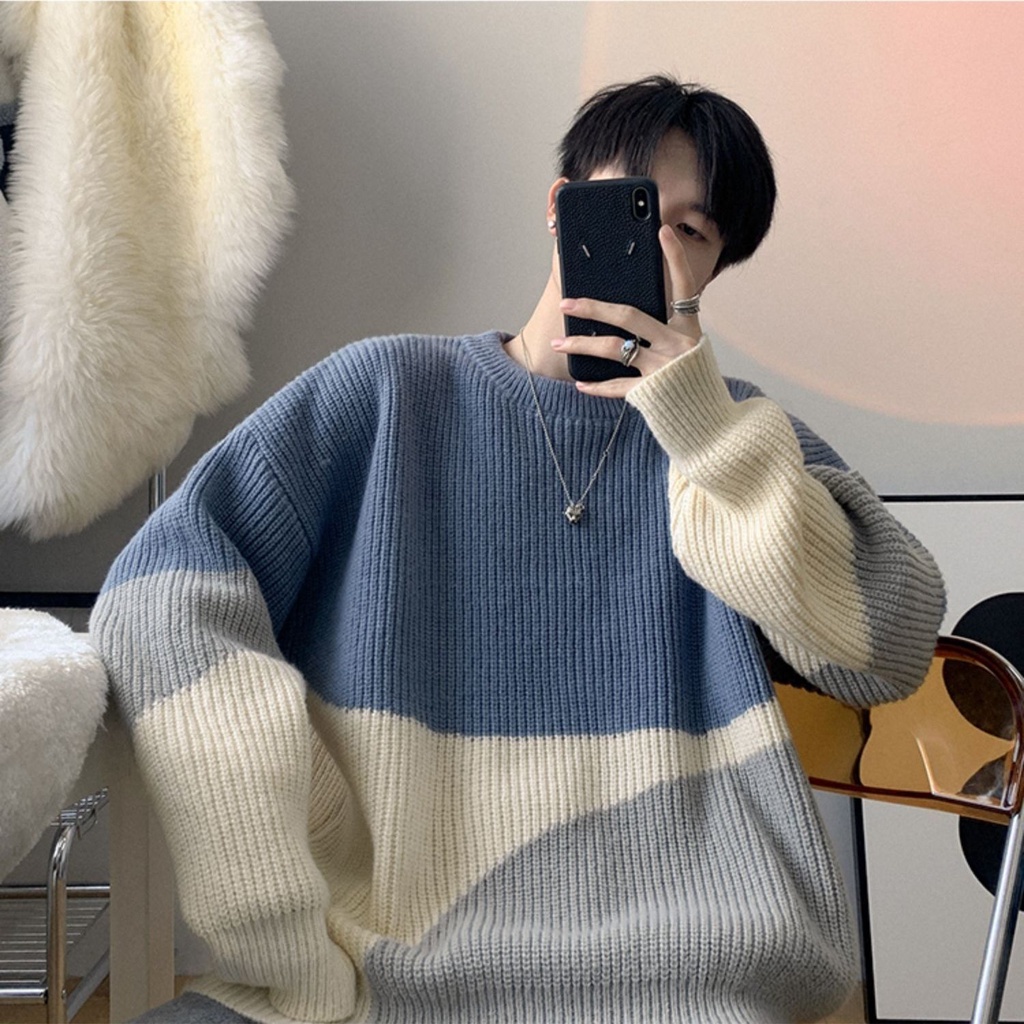 Áo Sweater Dệt Kim Cổ Tròn Dáng Rộng Màu Sắc Phù Hợp Xu Hướng Thời Trang Hàn Quốc Cho Nam Giới