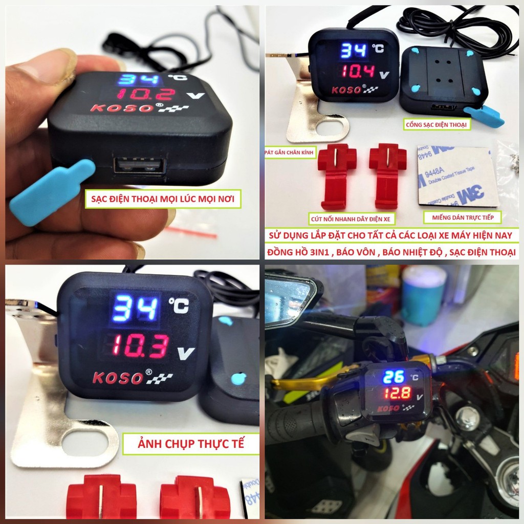 Đồng hồ gắn xe máy KOSO 3in1 báo vôn , sạc điện thoại , báo nhiệt độ mẫu mới cực chất