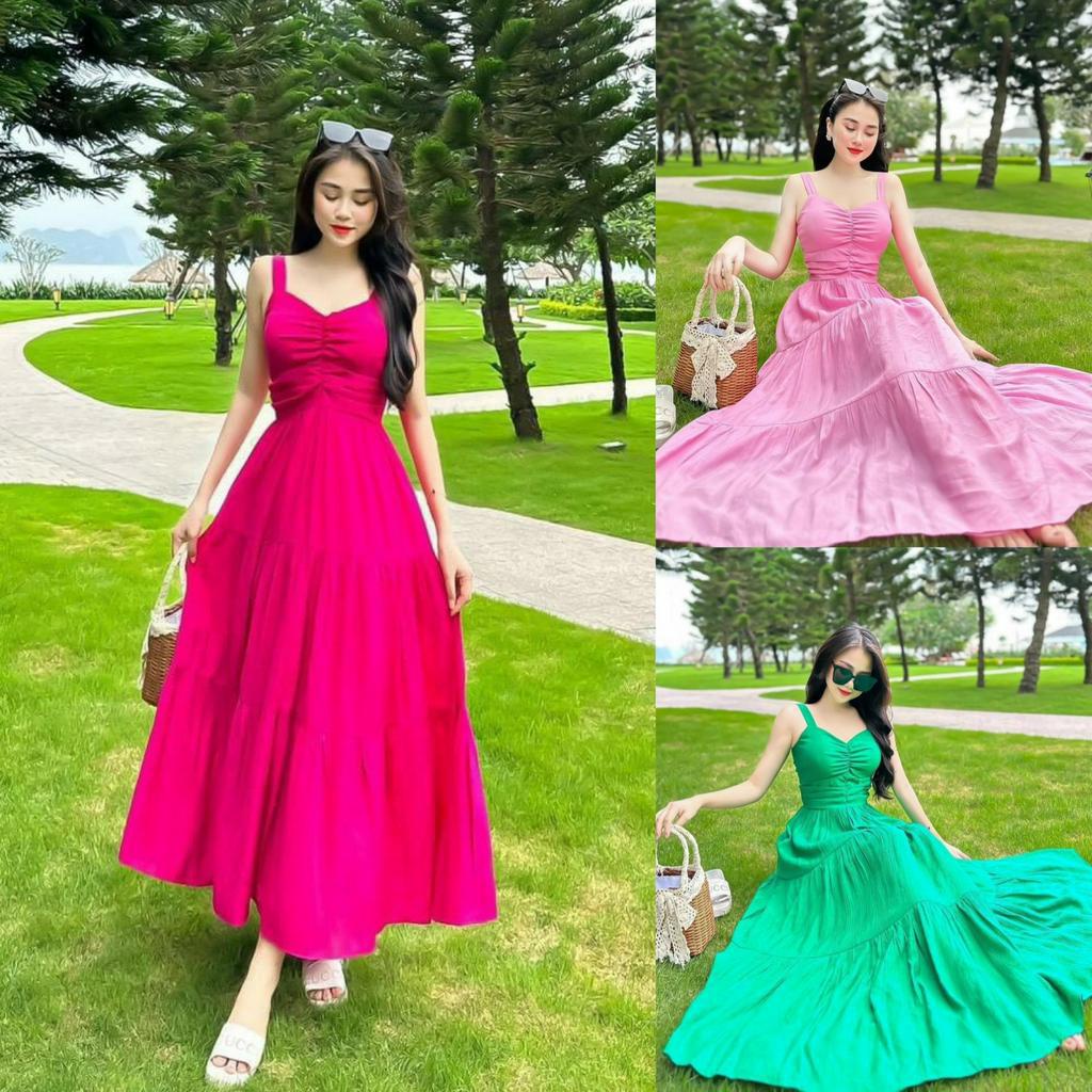 Đầm váy nữ maxi 2 dây xòe xếp tầng xinh xắn dành cho các nàng diện đi chơi, đi biển siêu xinh