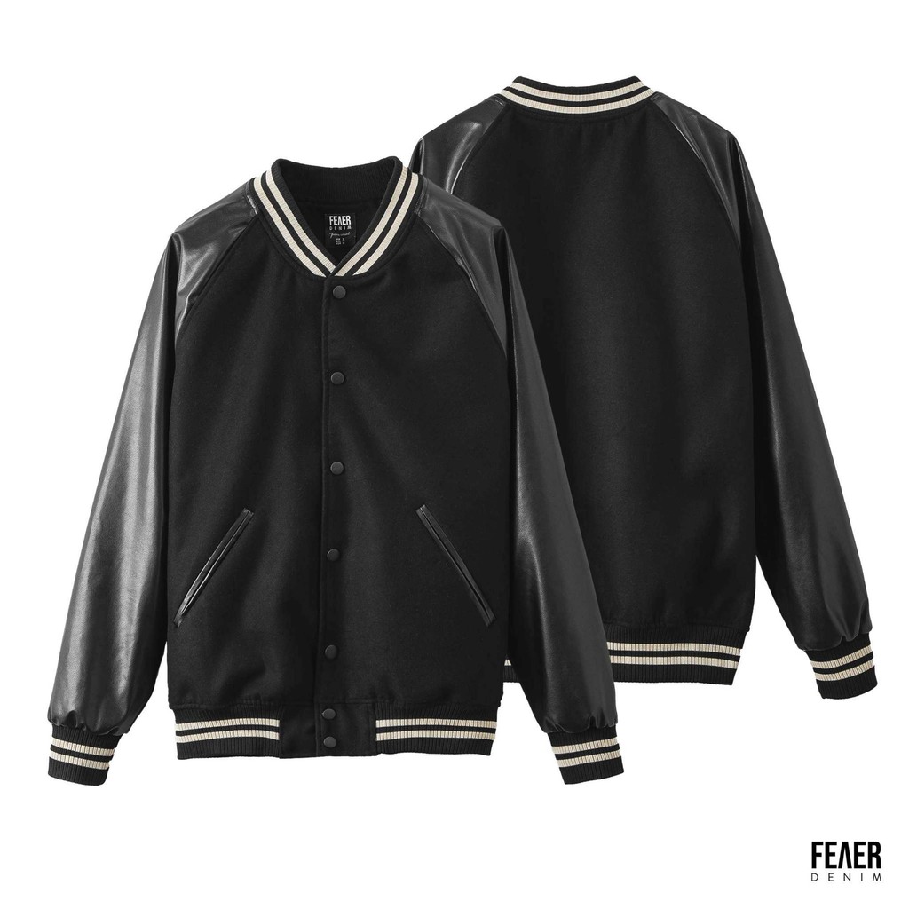 Áo khoác Bomber nam họa tiết trơn FEAER vải nỉ phối da thoáng mát, không nhăn Felt and Leather |new arrival 2021|