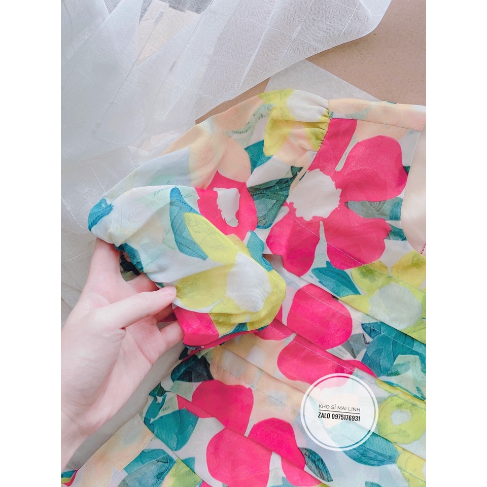 ✨BÁN SỈ✨Đầm hoa voan tay bồng 2 lớp xếp ly ngực