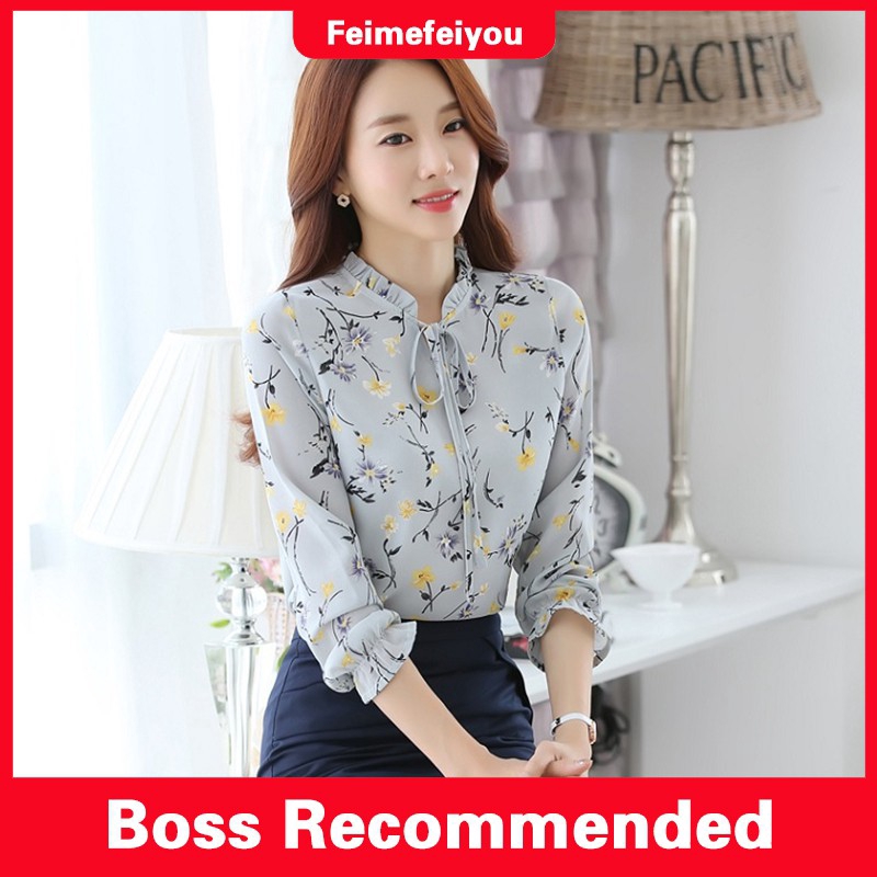 Áo chiffon tay dài họa tiết hoa thanh lịch cho nữ