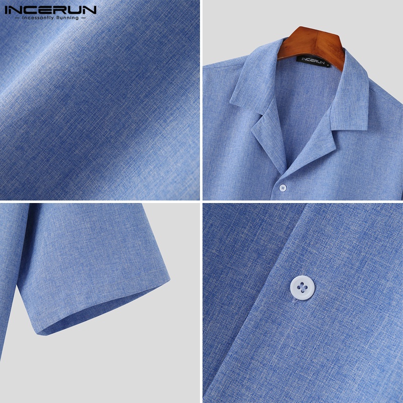 Áo sơ mi INCERUN tay ngắn màu trơn có nút cài thời trang cho nam