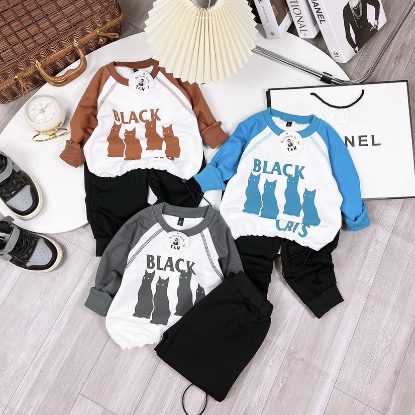 Đồ bộ bé trai, Set quần áo thu đông dài tay họa tiết mèo Black Cats chất nỉ da cá xịn xò cho bé từ 7 - 18 kg, SUN KID'S