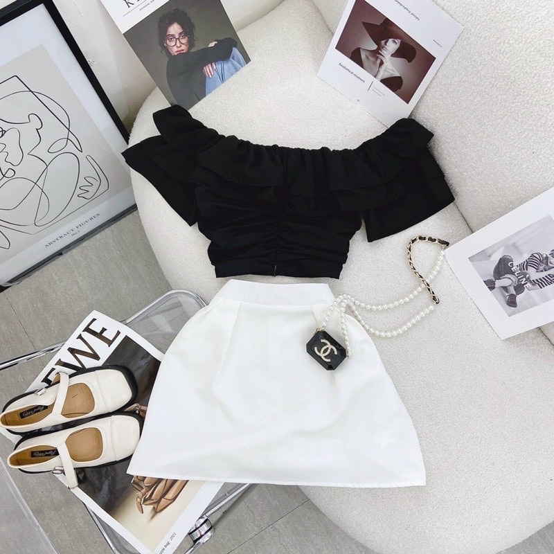 SET ÁO KIỂU CROPTOP NHÚN BÈO TẦNG KÈM CHÂN VÁY