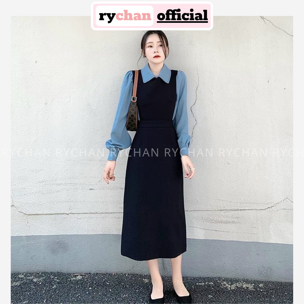 Đầm Váy Nữ Dự Tiệc Phối Yếm Dài Cổ Sơ Mi Tay Dài Cực Hàn Quốc - DX9736