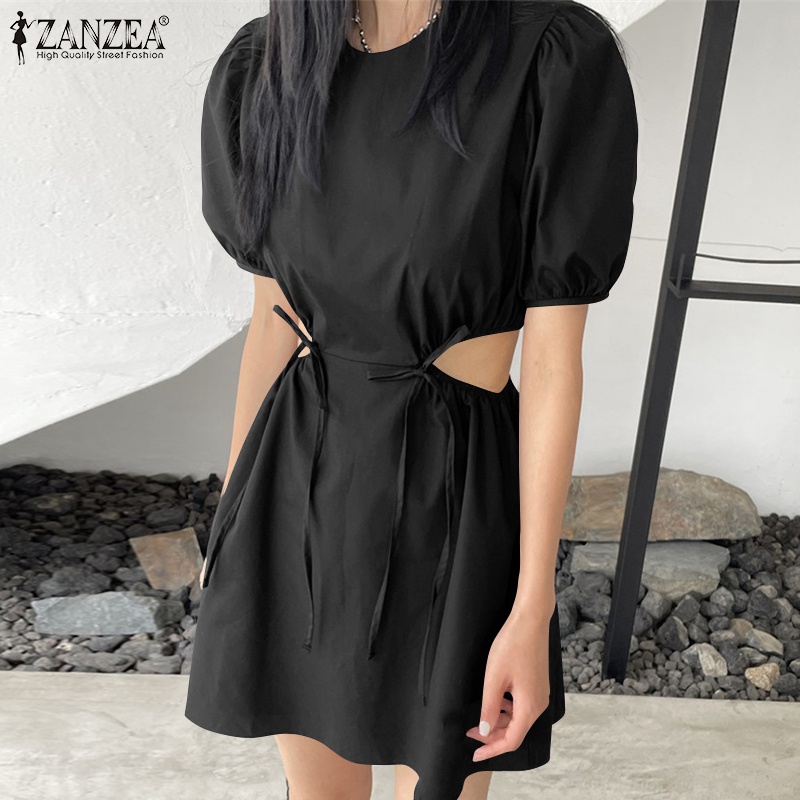 Đầm ZANZEA tay ngắn phồng cổ tròn thời trang dành cho nữ