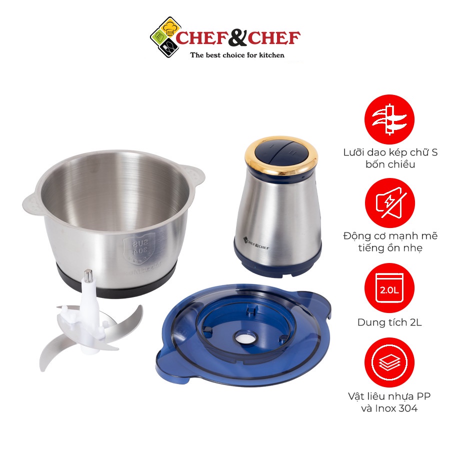 Máy xay thịt đa năng CHEF&amp;CHEF dung tích 2L dao xay 4 lưỡi tiện lợi.