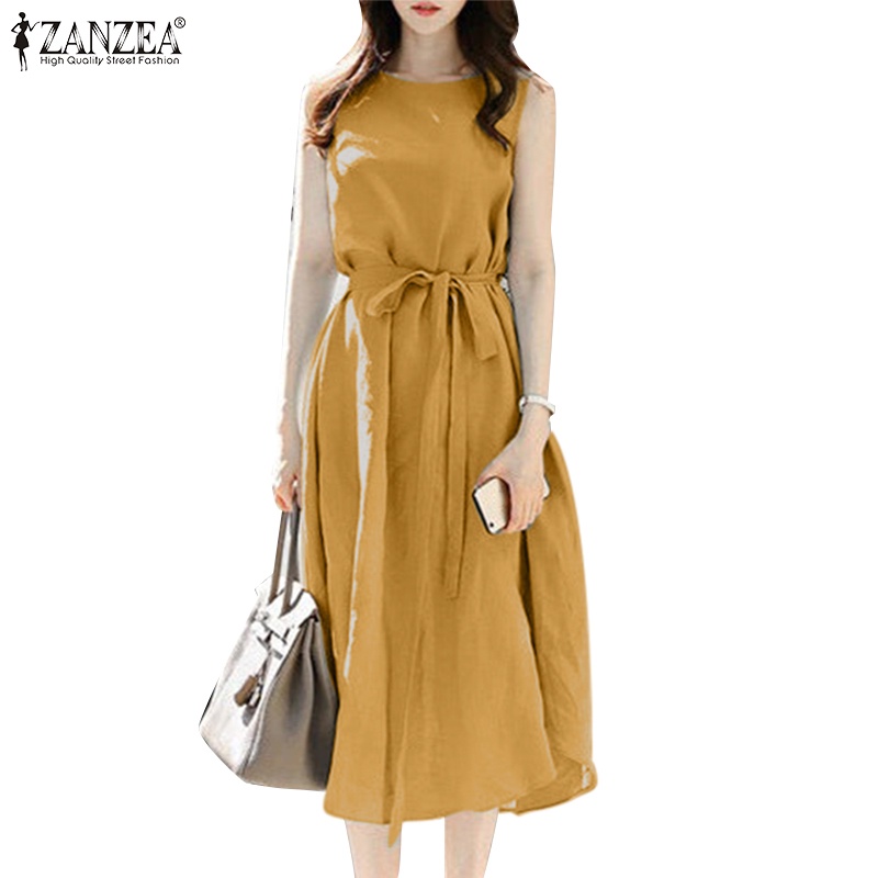 Đầm dài Zanzea không tay cổ tròn màu trơn kèm thắt lưng thời trang nữ tính