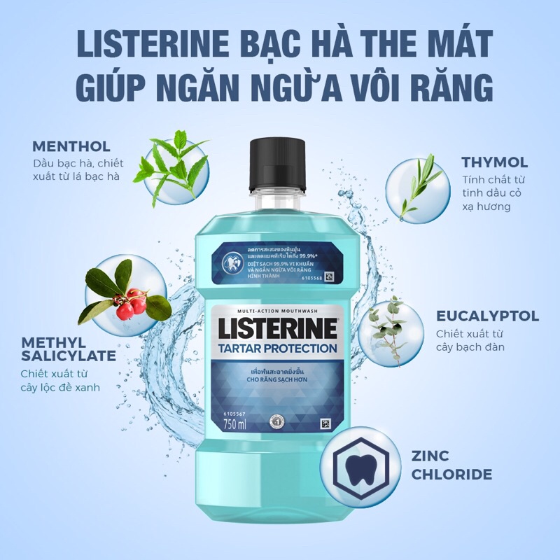 nước súc miệng Listerine Tartar Protection làm sạch mảng bám trên răng, diệt khuẩn gây hôi miệng, cho hơi thở thơm mát.