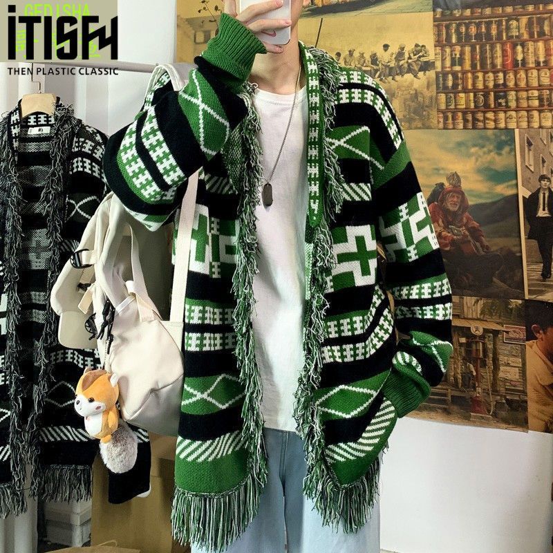 Áo Khoác Cardigan Dệt Kim Dáng Rộng Họa Tiết Thổ Cẩm Kiểu Hồng Kông Thời Trang Cho Các Cặp Đôi
