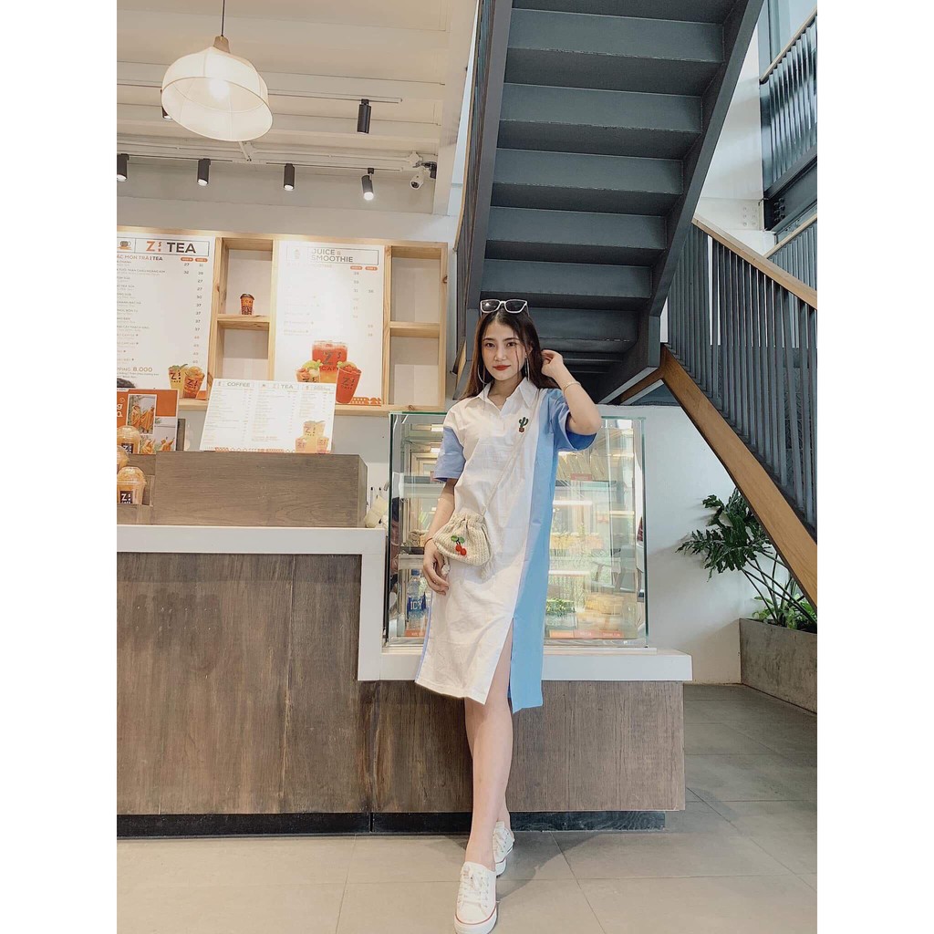 (kèm hinh thật) Đầm suông phối sọc xanh thêu xương rồng - D431