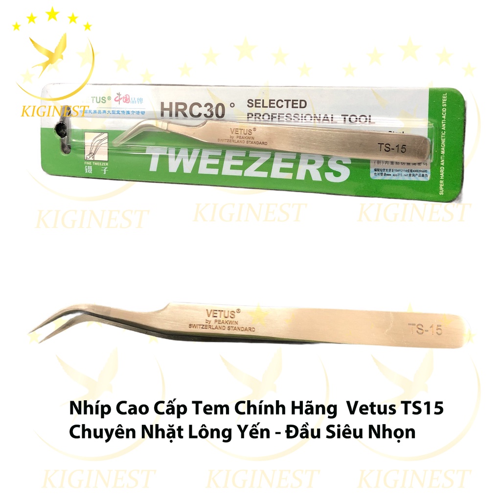 VETUS Dòng TS15 Cao Cấp Nhặt Lông Yến, Nối Mi, Gắp Linh Kiện - Đầu nhọn đều, cạnh bo
