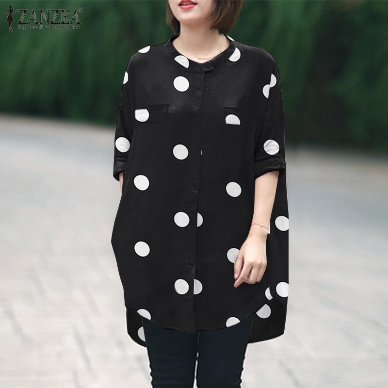 Áo sơ mi Zanzea cổ tròn tay lỡ họa tiết chấm bi thời trang phong cách retro cho nữ