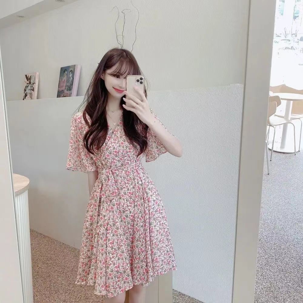 Đầm Ngắn Tay Chiết Eo In Họa Tiết Hoa Phong Cách Mùa Hè Kích Thước Lớn Hàng Mới Dành Cho Bạn Nữ