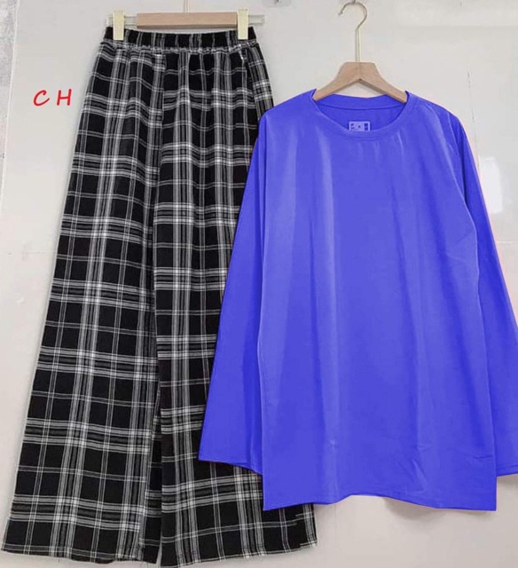 Sét áo xuông da cá quần kẻ đen C.OH866