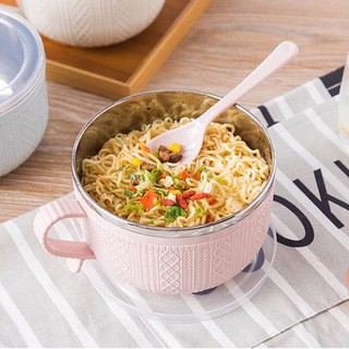 Tô inox 2 Lớp 800ML Chống Nóng Có Nắp Đậy Giữ Nhiệt Ăn Mì Đựng Cơm Kèm Thìa