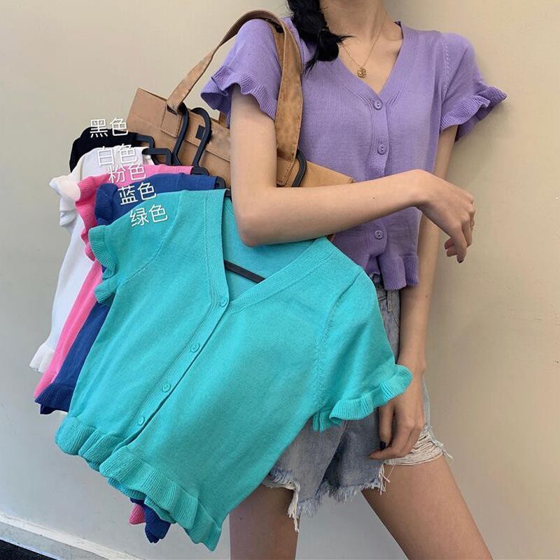 Áo Cardigan dệt kim tay ngắn màu tím thiết kế trẻ trung cho nữ