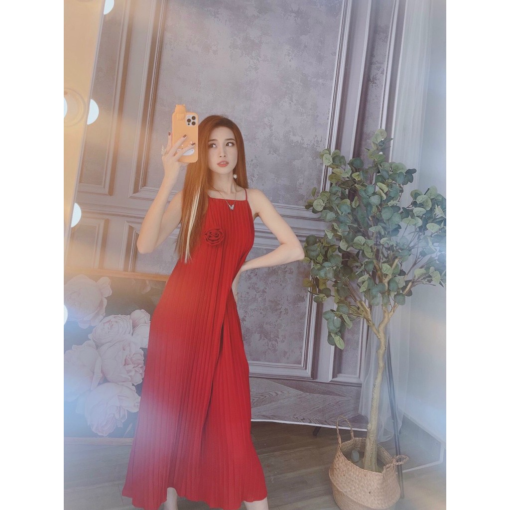Đầm maxi suông xếp ly gắng hoa trên ngực, đầm đi biển, đầm bầu + ảnh thật