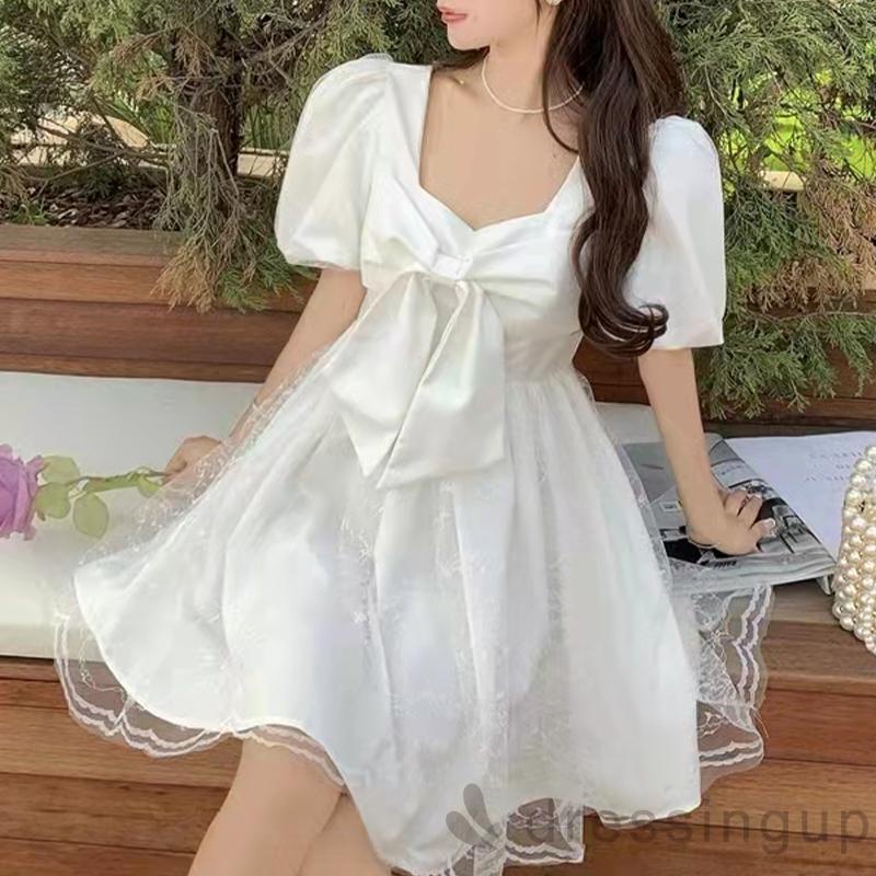 DRE-Ladies Casual Short Dress, Sweet Style Solid Color Square Collar Mesh Splicing Puff Short Sleeve Bow Dress