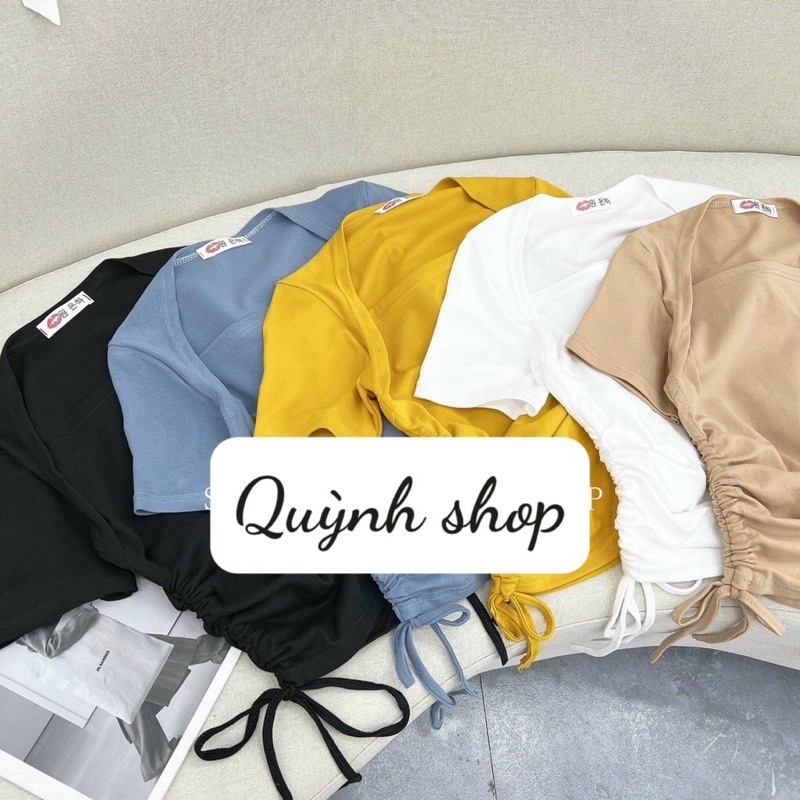 Áo thun kiểu cổ vuông cộc tay rút dây 2 bên, Áo kiểu ngắn tay dáng ôm cổ U vải cotton co giãn ms35