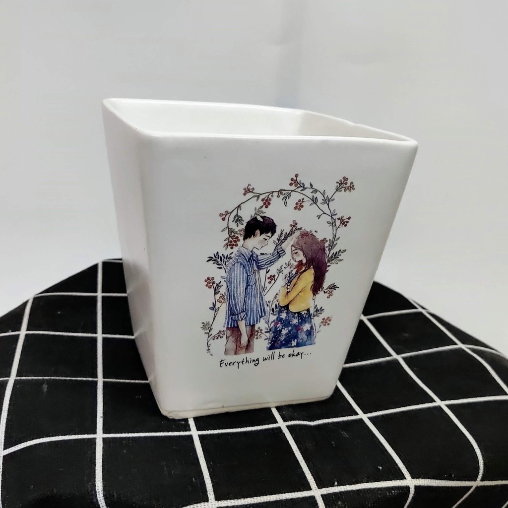 Chậu sứ vuông vát in hình siêu đẹp cỡ S2 (hình ngẫu nhiên)