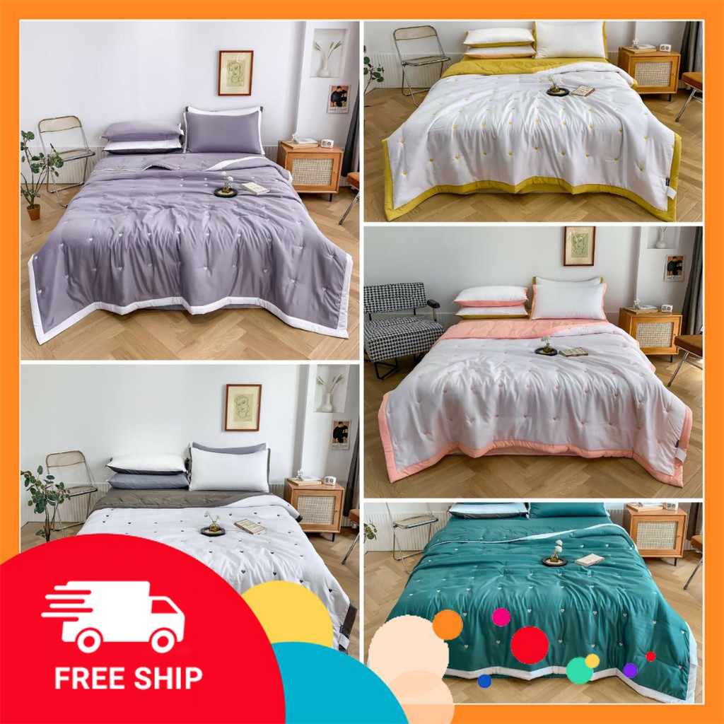 Bộ chăn ga lụa  thêu tim mẫu mới, chăn trần hè mát lạnh giá rẻ