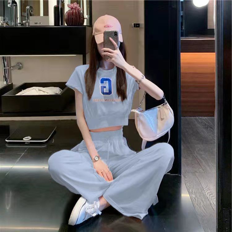 Set Áo Croptop + Quần Dài Lưng Cao Ống Rộng Phong Cách Thể Thao Thời Trang Mùa Hè Mới Cho Nữ