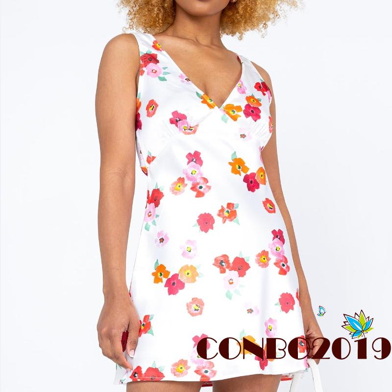 Đầm Ngắn Không Tay Cổ Chữ V Họa Tiết Hoa Thời Trang Cho Nữ
