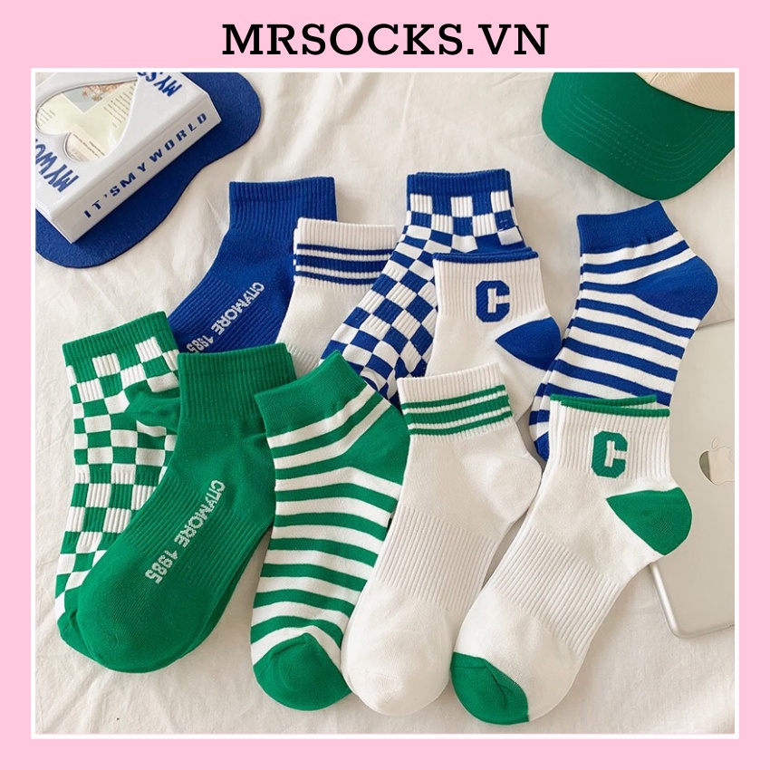 Tất cổ ngắn nữ màu xanh chữ C cố thấp thời trang hàn quốc đẹp giá rẻ cotton kháng khuẩn MRSOCKS VN084