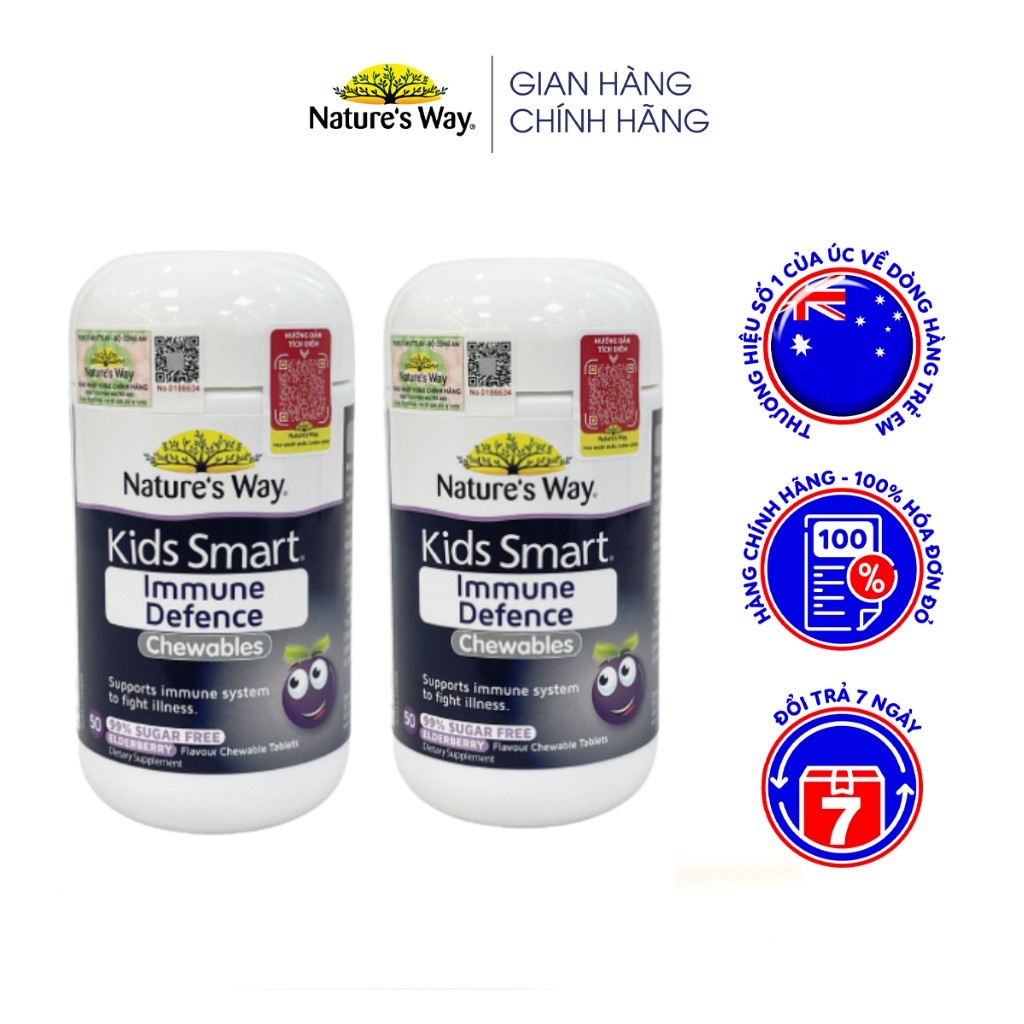 Combo 2 Hộp Viên Nhai Cho Bé Nature’s Way Kids Smart Immune Defence Chewables Tăng Cường Miễn Dịch 50 Viên