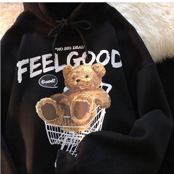 Áo hoodie nam nữ form rộng 2N Unisex nỉ bông in hình gấu FEEL GOOD màu đen/be