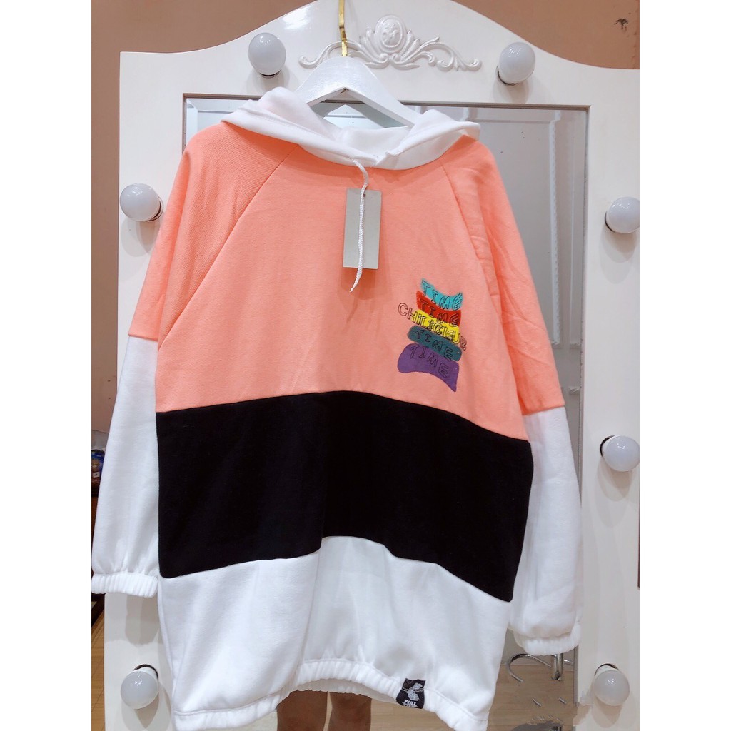 ÁO HOODIE NỮ RỘNG - ÁO NỈ PHỐI MŨ XANH CAM HỒNG HOT HIT | BigBuy360 - bigbuy360.vn