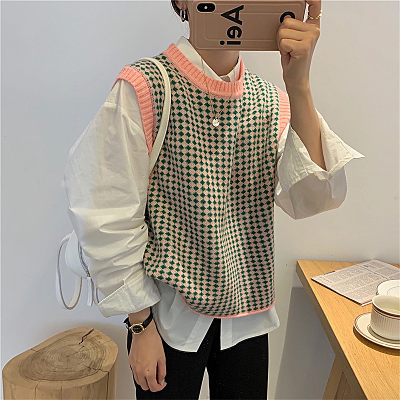 Áo Dệt Kim Sát Nách Cổ Tròn Dáng Rộng Màu Sắc Tương Phản Thời Trang Mùa Thu Cho Nữ