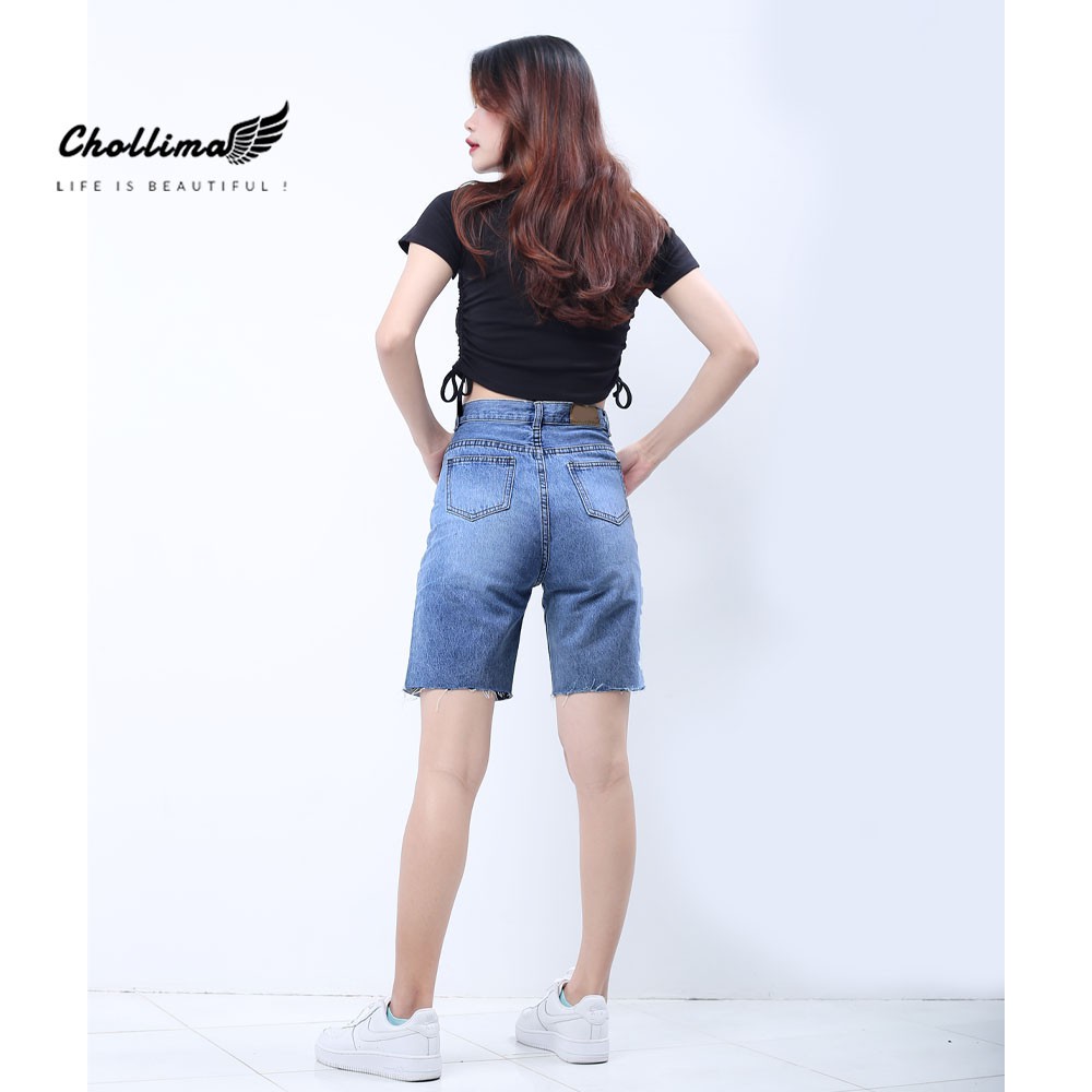 Quần ngố jeans nữ Chollima đắp túi nhỏ có nắp tua lai phong cách trẻ trung sành điệu QS023