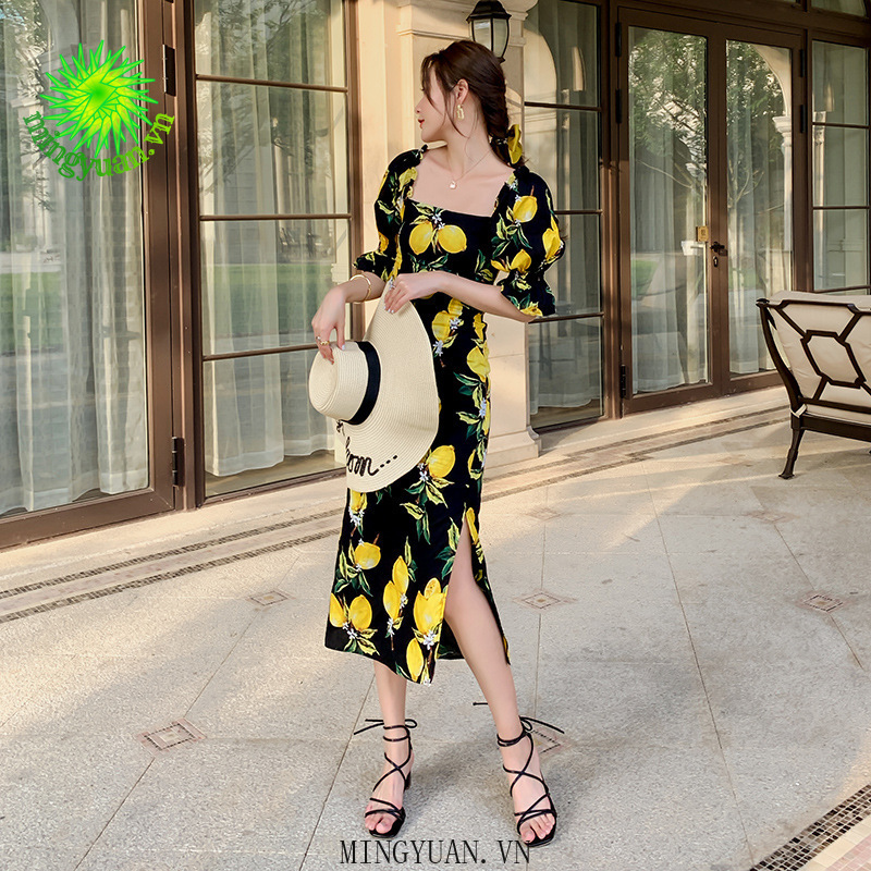 ( Mingyuan ) New retro square collar slim print dress