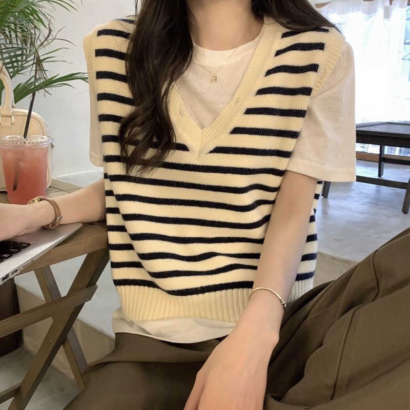 Áo Len Không Tay Dáng Rộng Họa Tiết Kẻ Sọc Đen Phong Cách Hàn Quốc Thời Trang Mùa Thu 2023 Dành Cho Bạn Nữ