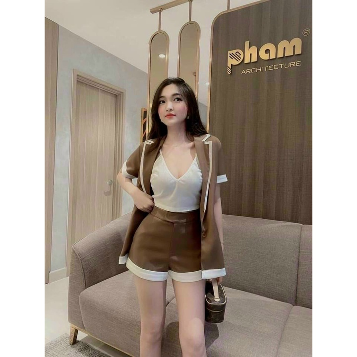 Sét bộ 3 món đồ nữ áo vest ngắn tay chỉ viền phối Croptop sang chảnh, xinh xắn đi chơi, dự tiệc