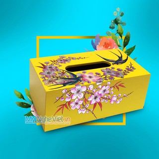 Hộp khăn giấy sơn mài vẽ chim én hoa đào nền vàng cao cấp MNV-HKGHD003