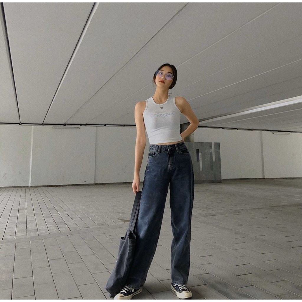 QUẦN JEAN DÀI ỐNG RỘNG LƯNG CAO XÁM ĐEN TRƠN BASIC - QUẦN BÒ NỮ CULOTTES SUÔNG 60