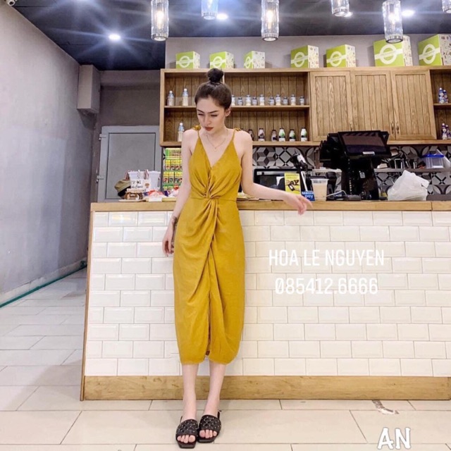 Váy lụa 2 dây xoắn eo