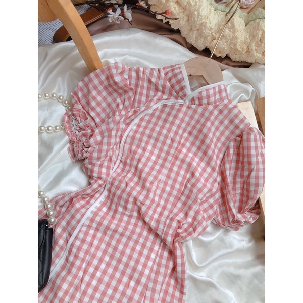 Đầm caro hồng cổ tàu , váy nữ cổ tàu siêu đẹp , váy nữ đi tiệc | BigBuy360 - bigbuy360.vn