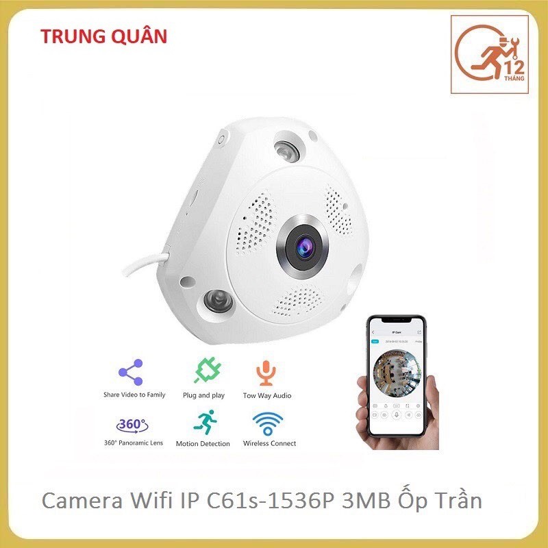 Camera wifi IP C61s FHD 1536P Vstarcam ốp trần, góc rộng 180 độ, toàn cảnh 360