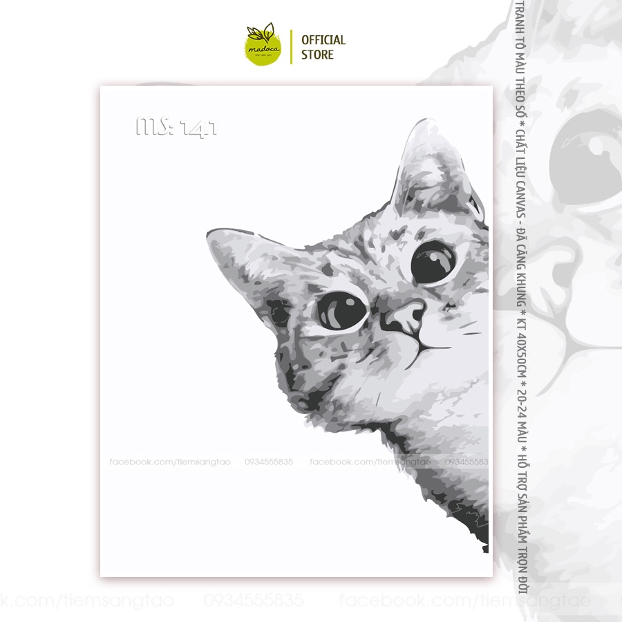 Tranh tô màu số hóa Madoca có khung 40x50cm Chú mèo xinh xắn T141