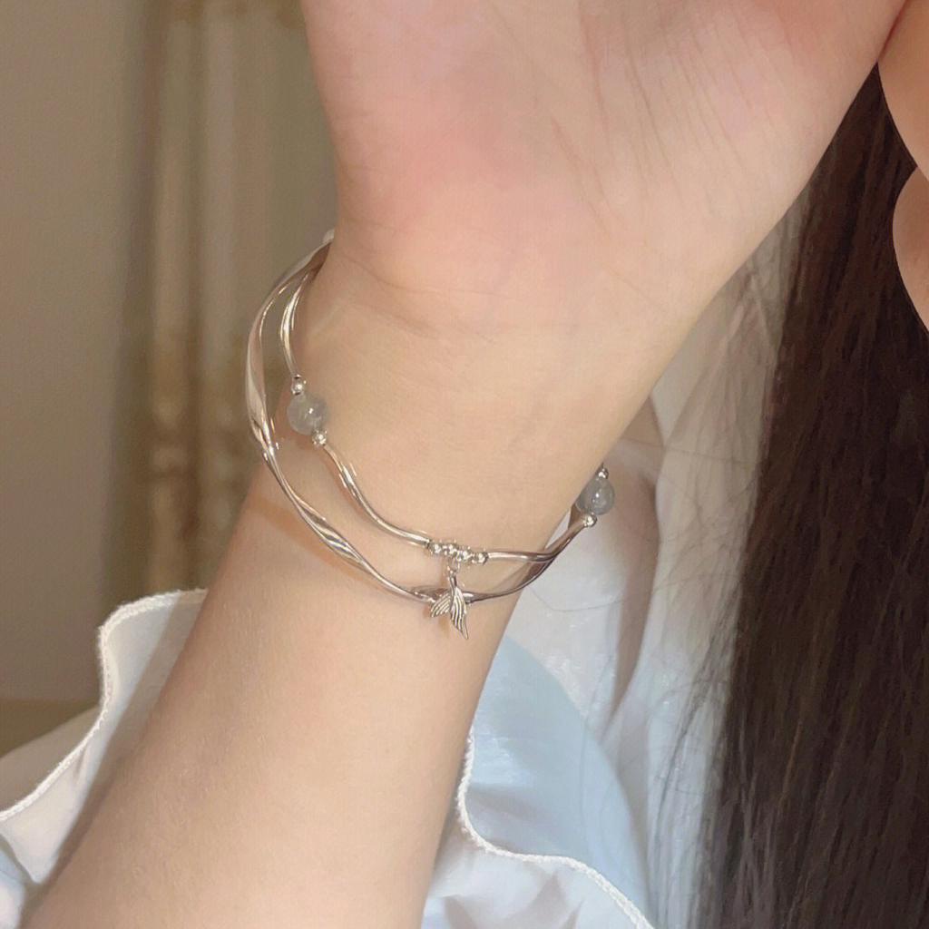 Vòng Tay Bạc 925 Hình Đuôi Cá Đính Đá Mặt Trăng Sang Trọng Cho Nữ