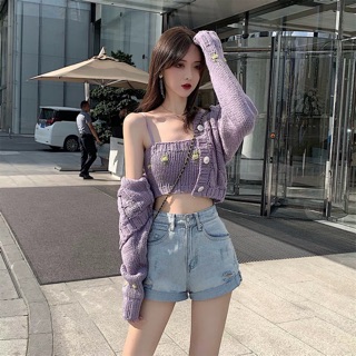 Set áo hai dây + Áo khoác croptop len