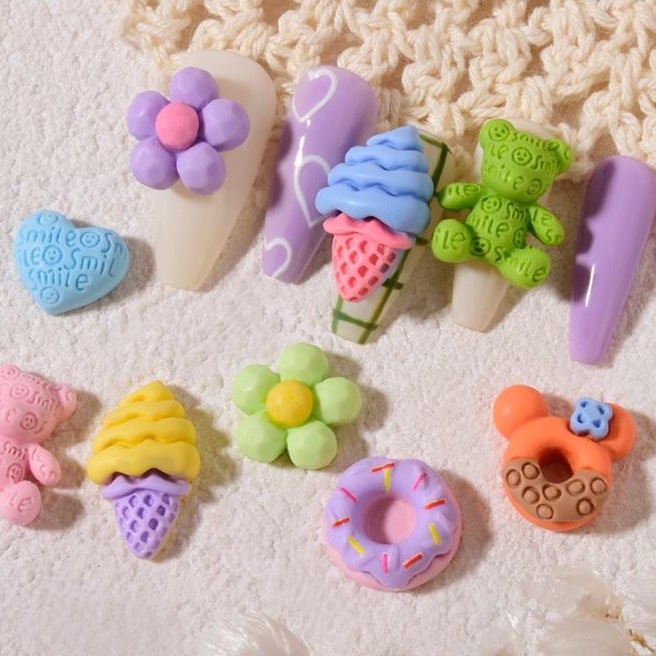 Set 6 Charm Hoạt Hình Kem Socola | Kem Ốc Quế | Bánh Donut | Phụ Kiện Trang Trí Móng