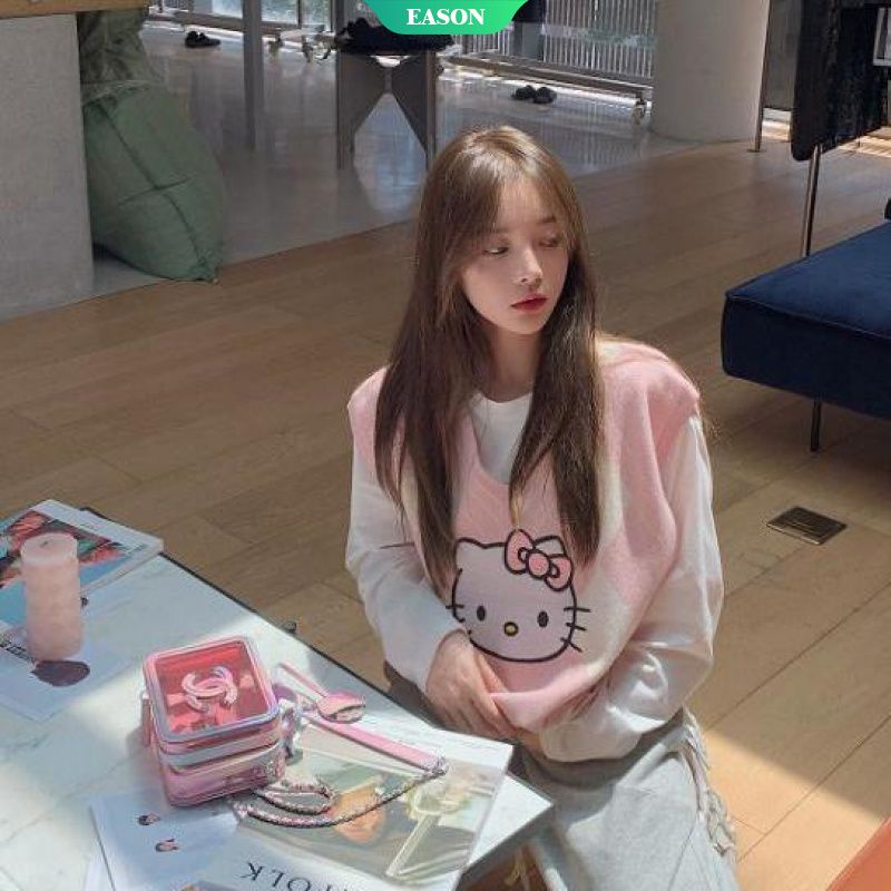 Áo Len Cổ Chữ V Không Tay Dáng Rộng In Hình Hello Kitty Phong Cách Kawaii Thời Trang Thu Đông Cho Nữ Sinh 2021