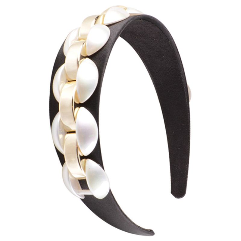 Băng Đô Cài Tóc Bản Rộng Bằng Satin Đính Ngọc Trai Giả Phối Dây Xích Kim Loại Sáng Bóng Phong Cách Retro Dành Cho Nữ