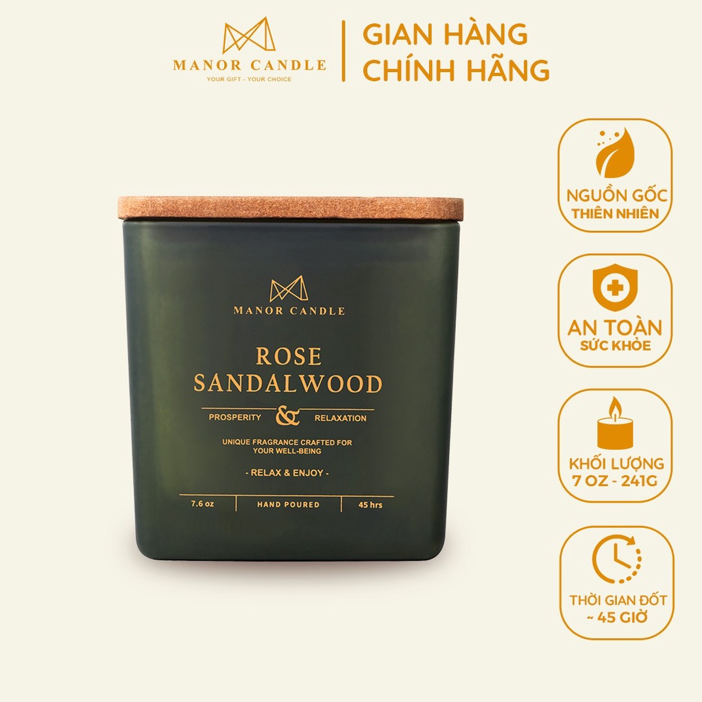 Nến Thơm Rose Sandal Wood Size 7 OZ Nốt Hương Hoa Nhẹ Mát Đầy Quyến Rũ Đón Hè, Manor Candle